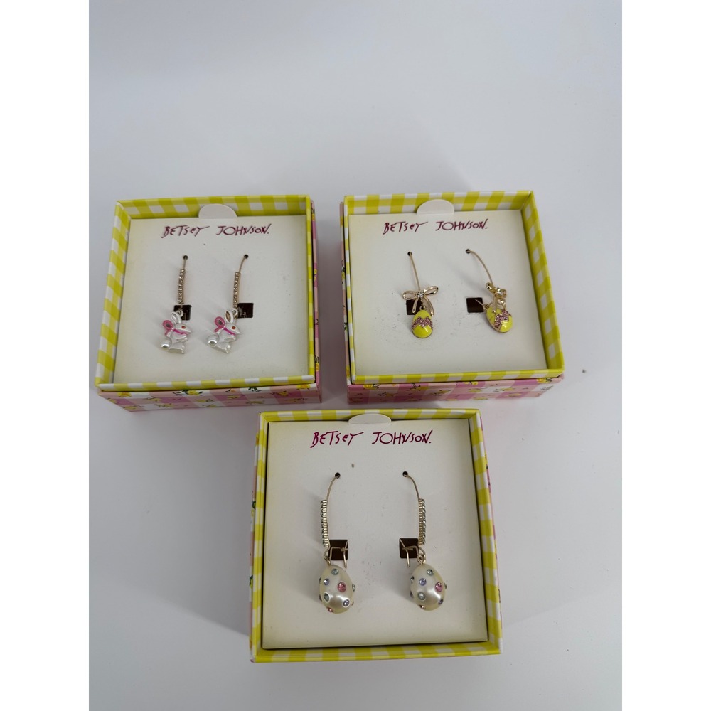 Betsey Johnson Easter Earring Set Bunny‎ Rabbit Yellow Egg Crystal 3 Pairs NIB